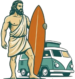 Ilustración de surfista posando con tabla de surf ante una furgoneta camper en Gran Canaria